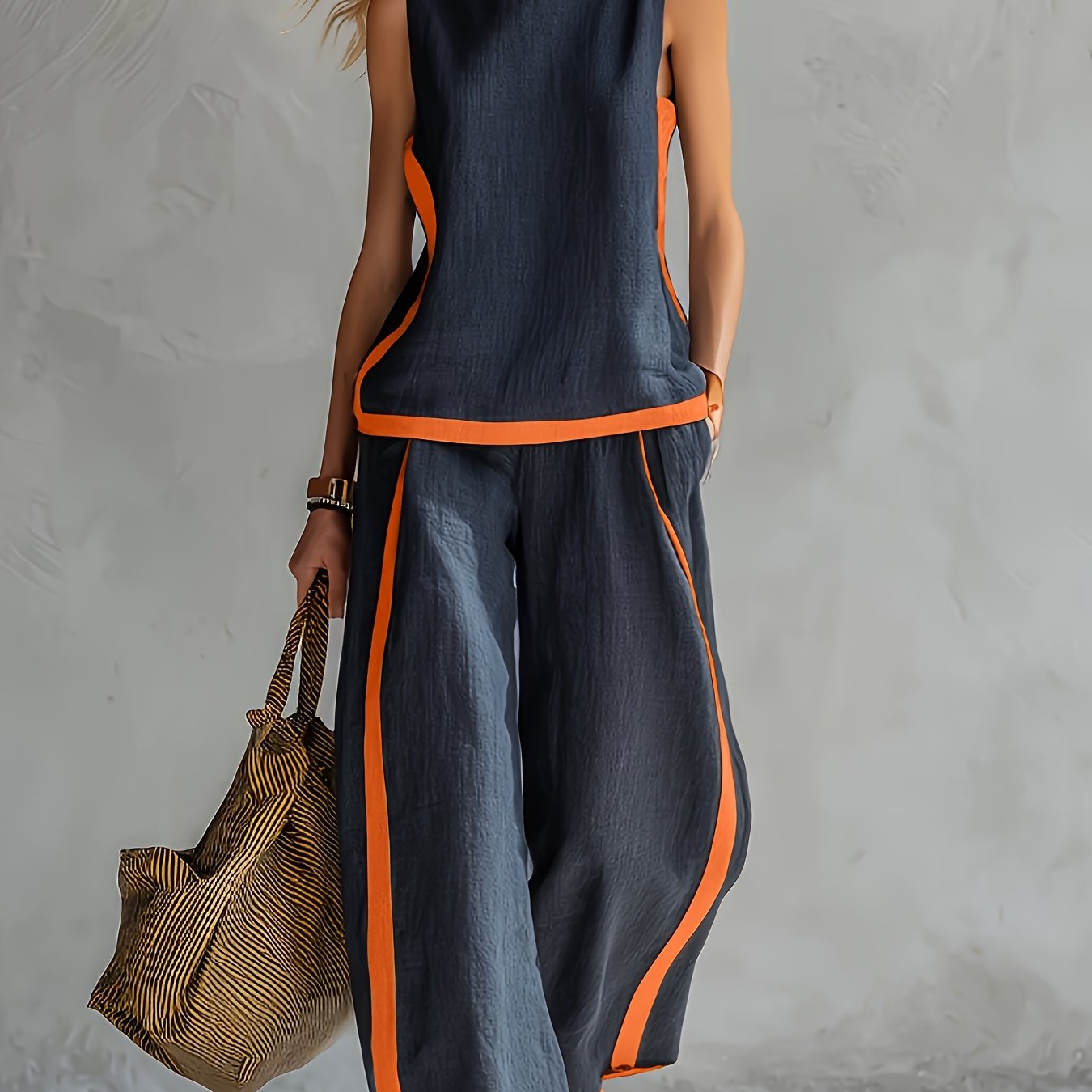 Conjunto Mujer con Pantalón Palazzo de Lino Ligero y Detalles Mostaza Casual Verano