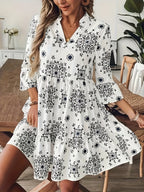 Vestido Corto Estampado Floral Blanco Estilo Boho Casual para Verano con Manga 3/4 y Corte Suelto