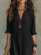 Vestido Camisero Maxi Negro Lino Manga Larga Cuello Camisa Abertura Lateral Boho Casual Mujer