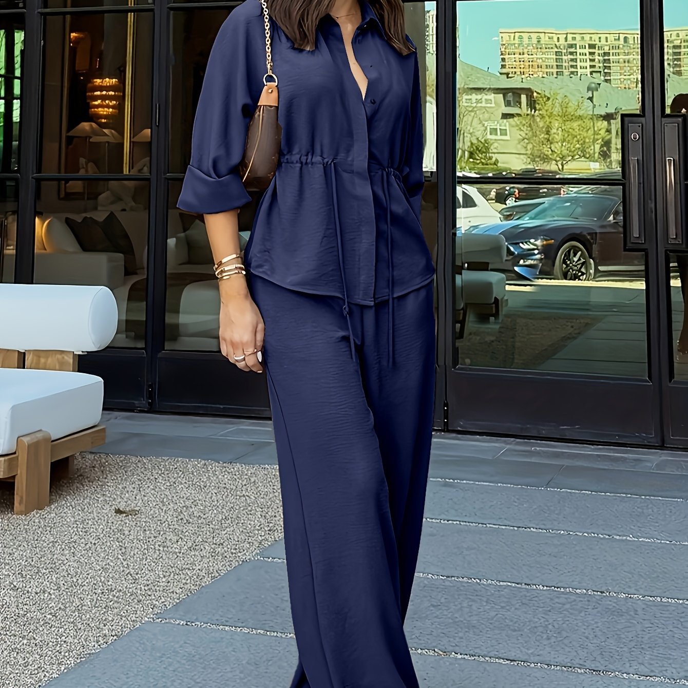 Conjunto Mujer Lino con Pantalón Palazzo Cintura Ajustable Casual Elegante