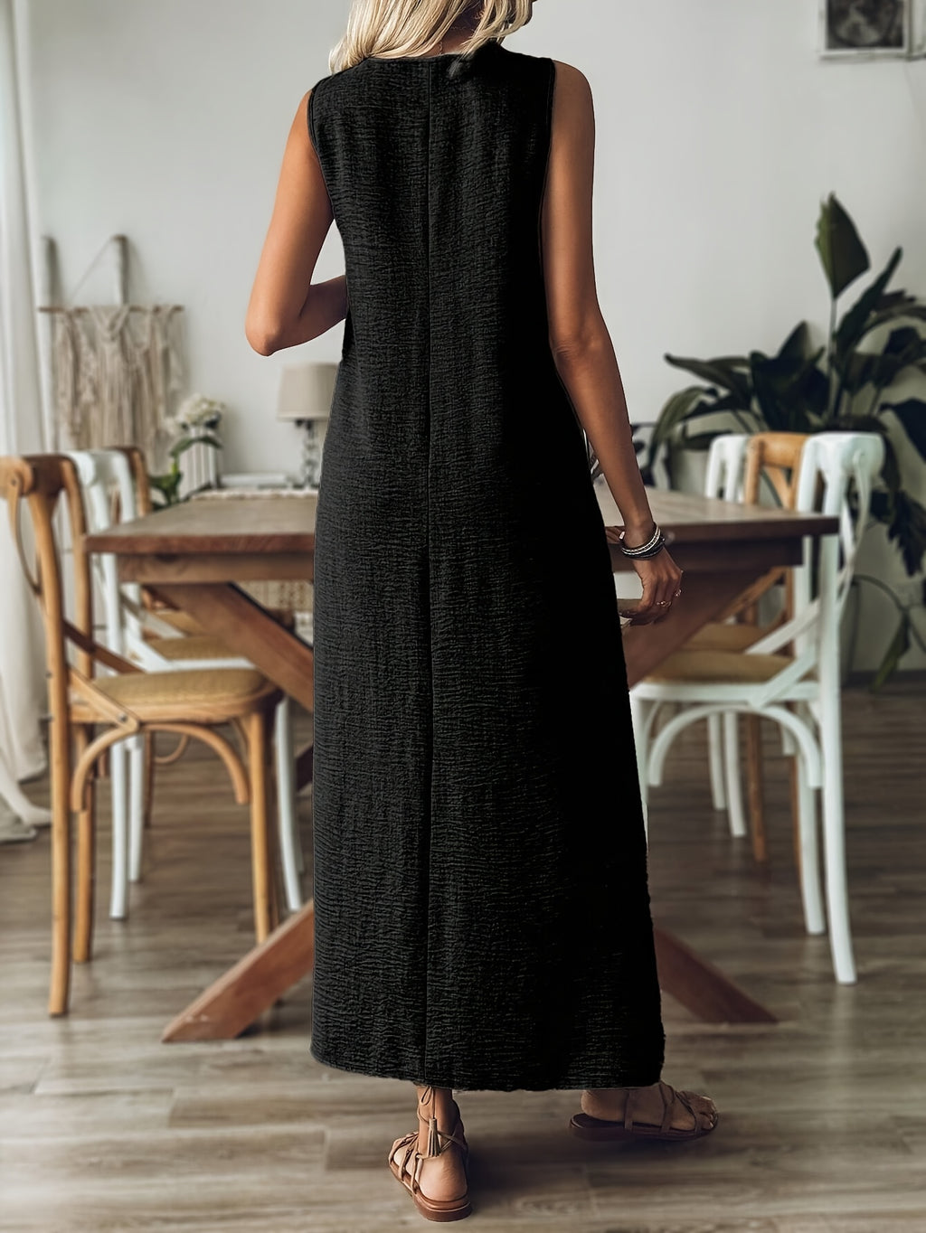Vestido Largo Sin Mangas Terracota Casual Elegante de Lino Suelto para Verano Mujer