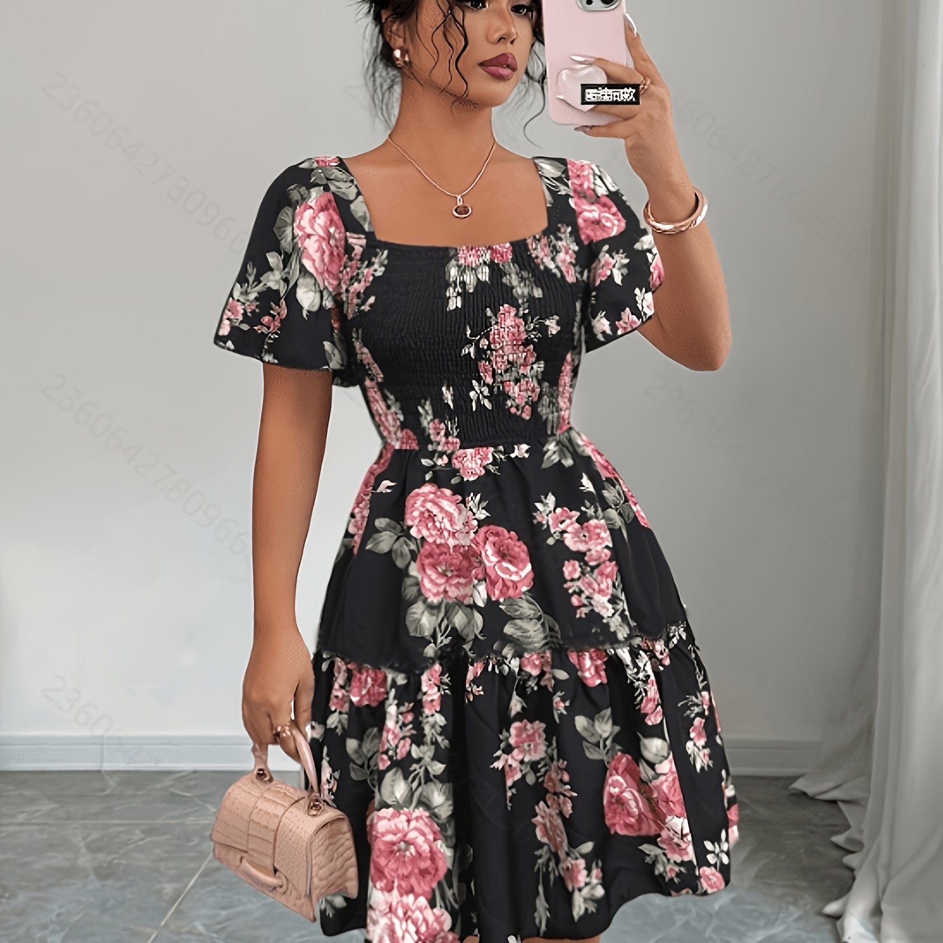 Vestido corto floral para mujer con cintura elástica, mangas sueltas y escote cuadrado - Casual y elegante