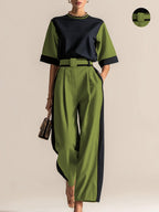 Conjunto 3 Piezas Negro Camel Color Block Top Oversize Pantalón Palazzo con Cinturón Elegante Mujer