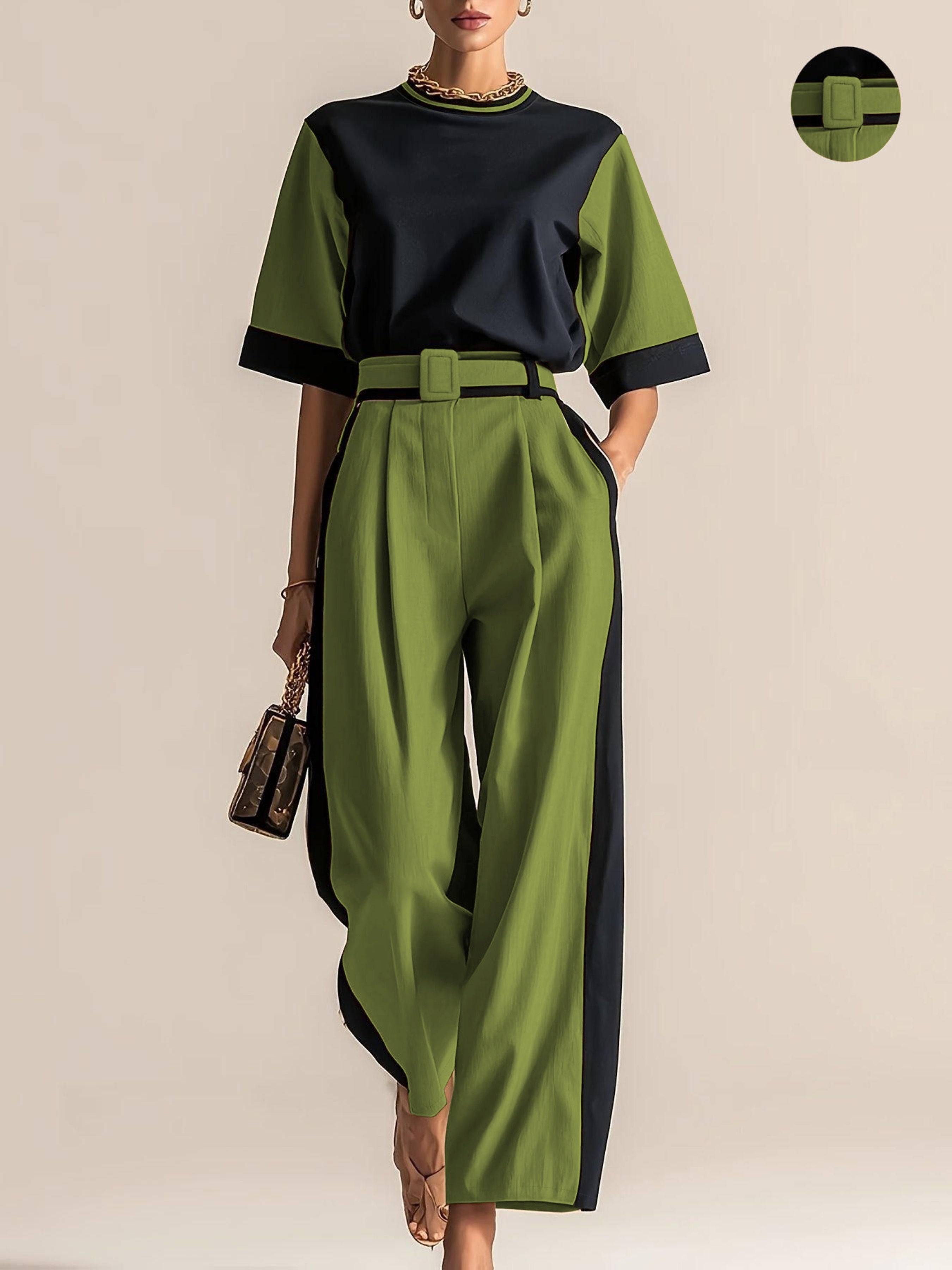 Conjunto 3 Piezas Negro Camel Color Block Top Oversize Pantalón Palazzo con Cinturón Elegante Mujer