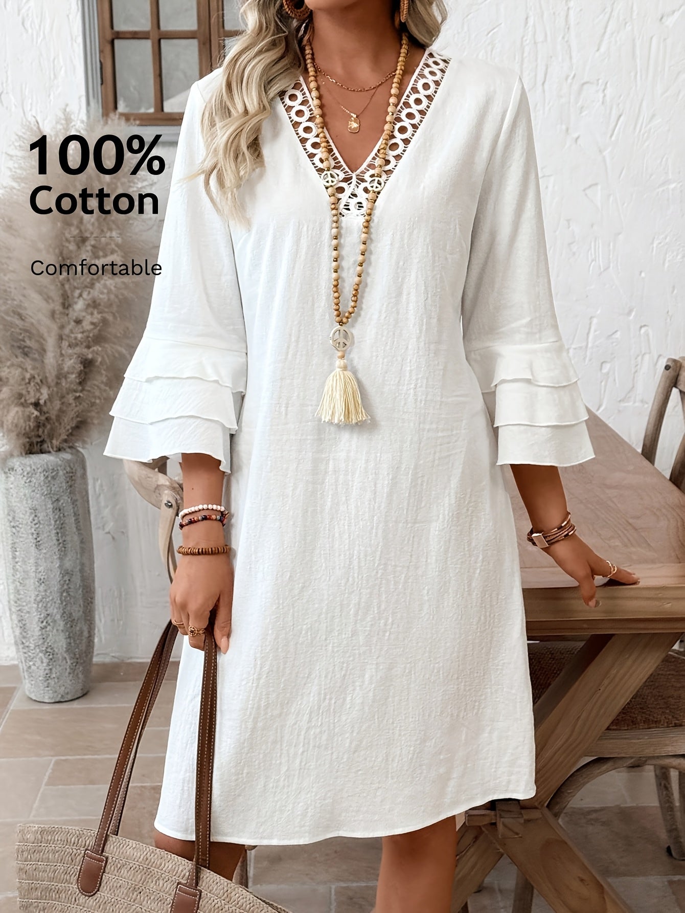 Vestido corto casual de mujer de color liso con mangas acampanadas, vestido de verano, vestido de playa, atuendo de vacaciones, vestido blanco de mujer, vestido, vestido blanco de estilo bohemio, vestido casual blanco, vestido 100 % puro de mujer, vestido