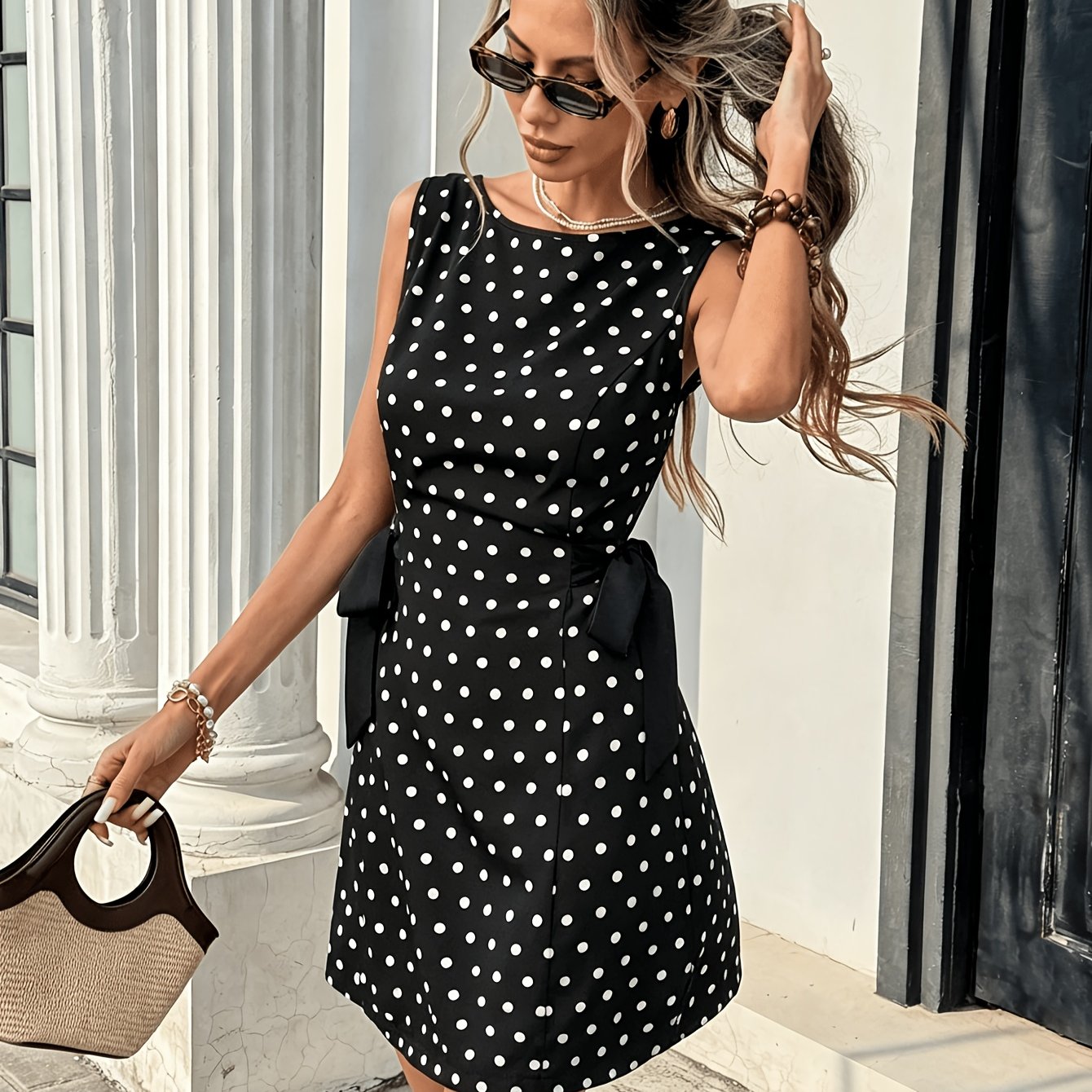 Vestido Corto Cuadros Vichy Sin Mangas Blanco y Negro Casual Elegante con Lazos Laterales