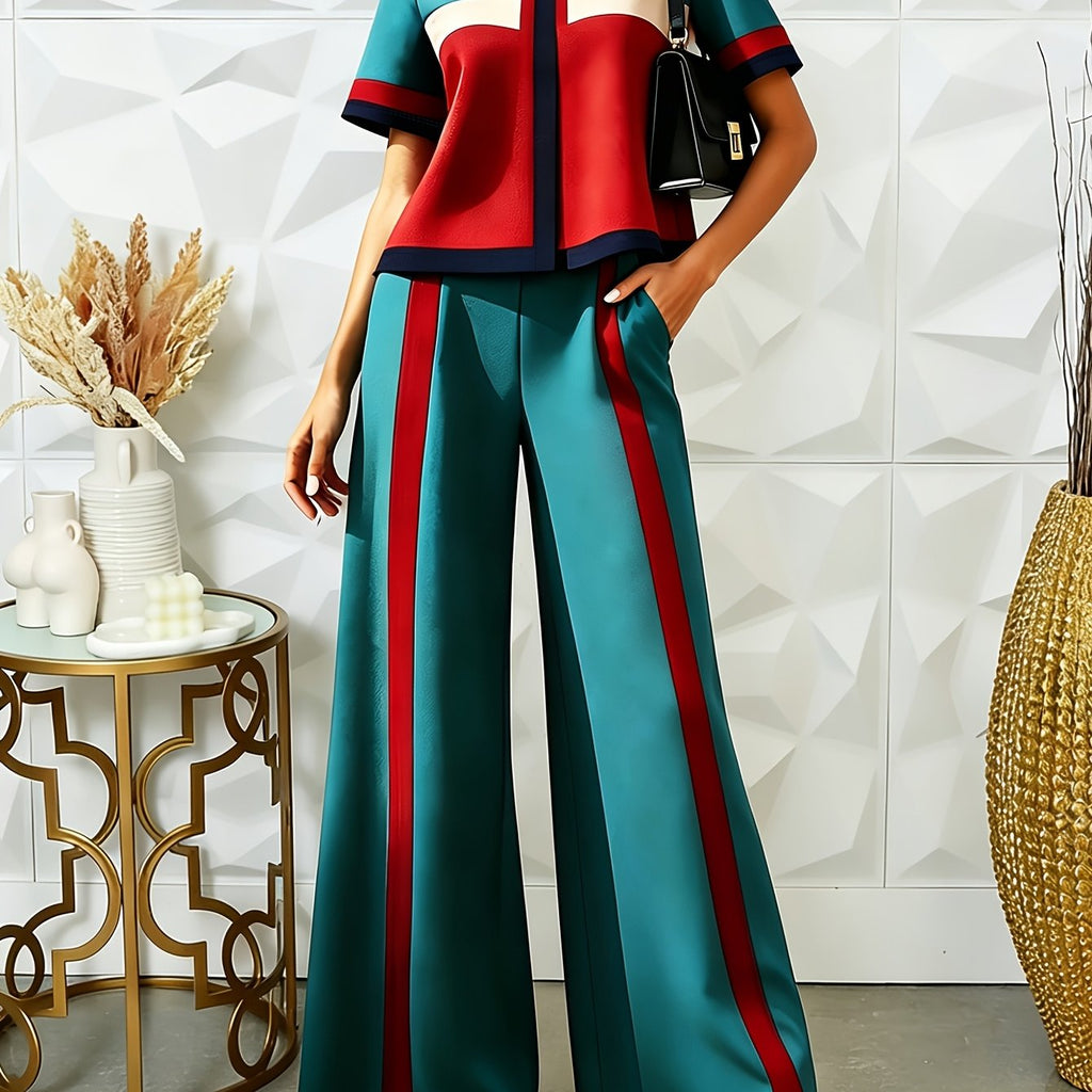 Conjunto 2 Piezas Color Block Verde Teal y Rojo Top Cropped Pantalón Recto Franja Sport Chic Mujer