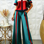 Conjunto 2 Piezas Color Block Verde Teal y Rojo Top Cropped Pantalón Recto Franja Sport Chic Mujer