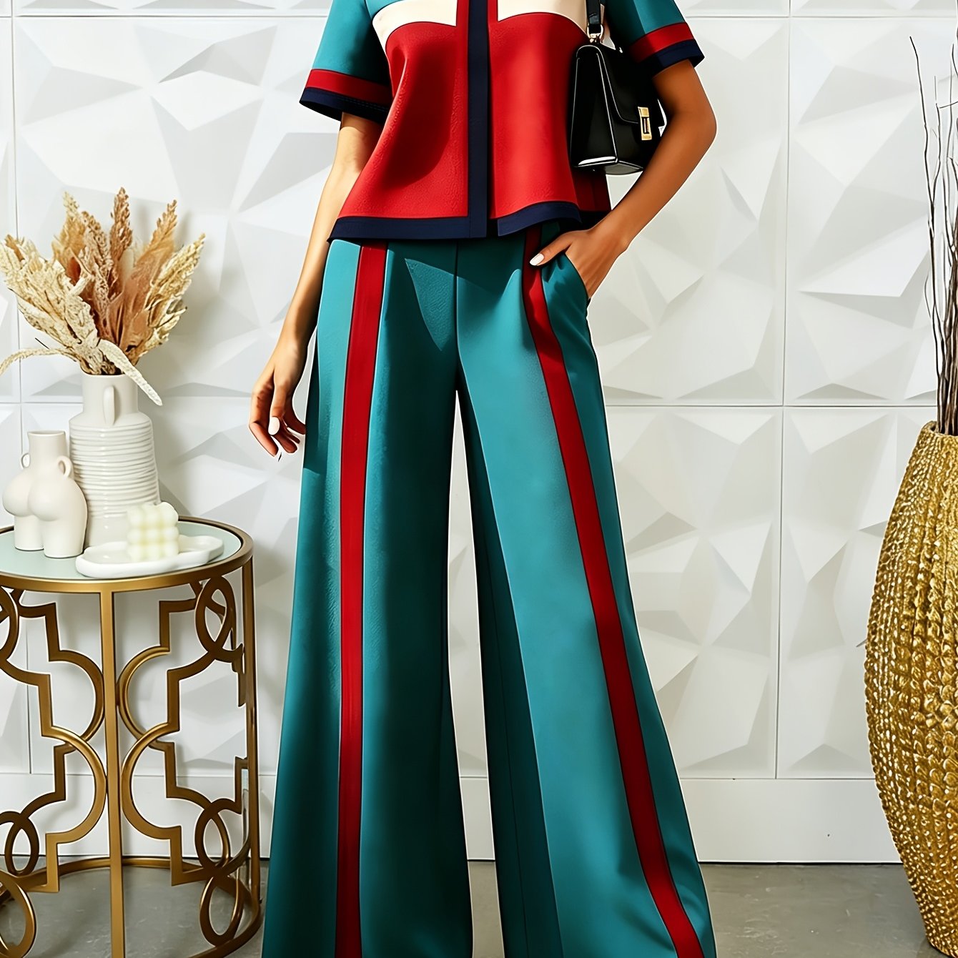 Conjunto 2 Piezas Color Block Verde Teal y Rojo Top Cropped Pantalón Recto Franja Sport Chic Mujer