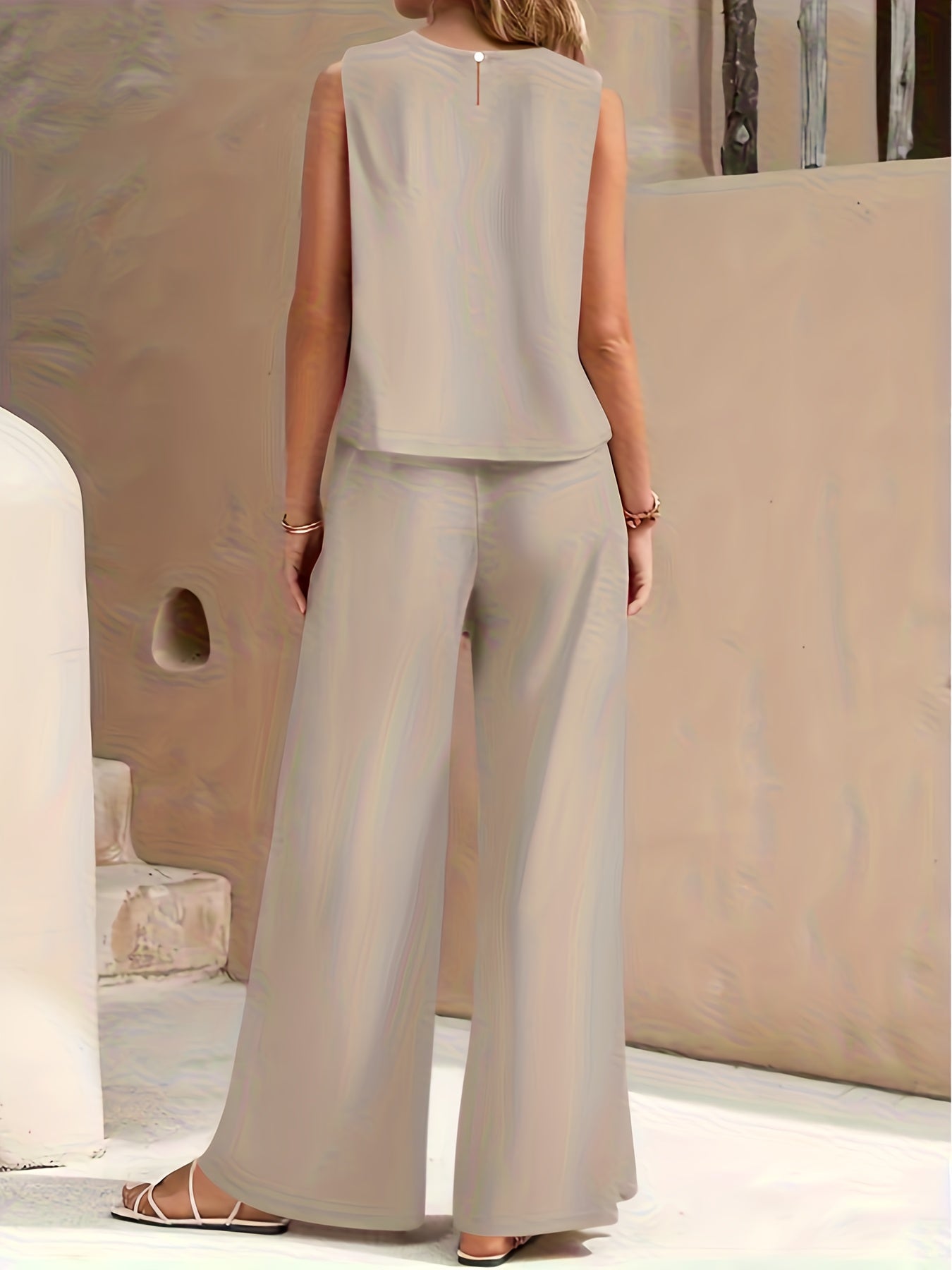 Conjunto Mujer Blusa Sin Mangas y Pantalón Palazzo Amplio Casual Cómodo para Verano, Viajes y Uso Diario