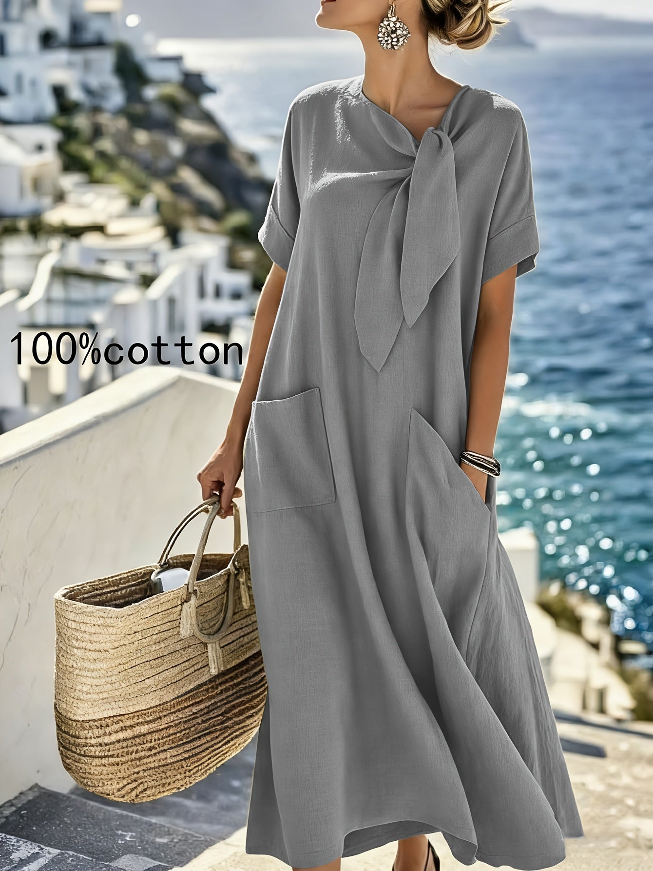 Vestido Midi Negro 100% Algodón Manga Corta Lazo Frontal con Bolsillos Casual Elegante Mujer