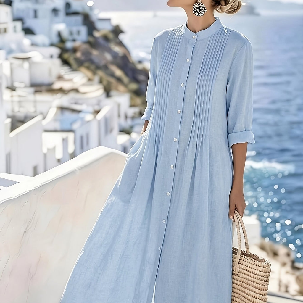 Vestido Maxi Azul Cielo Lino Cuello Mao Botones Frontales Plisado Casual Playa Vacaciones Mujer