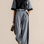 Conjunto 3 Piezas Negro Camel Color Block Top Oversize Pantalón Palazzo con Cinturón Elegante Mujer