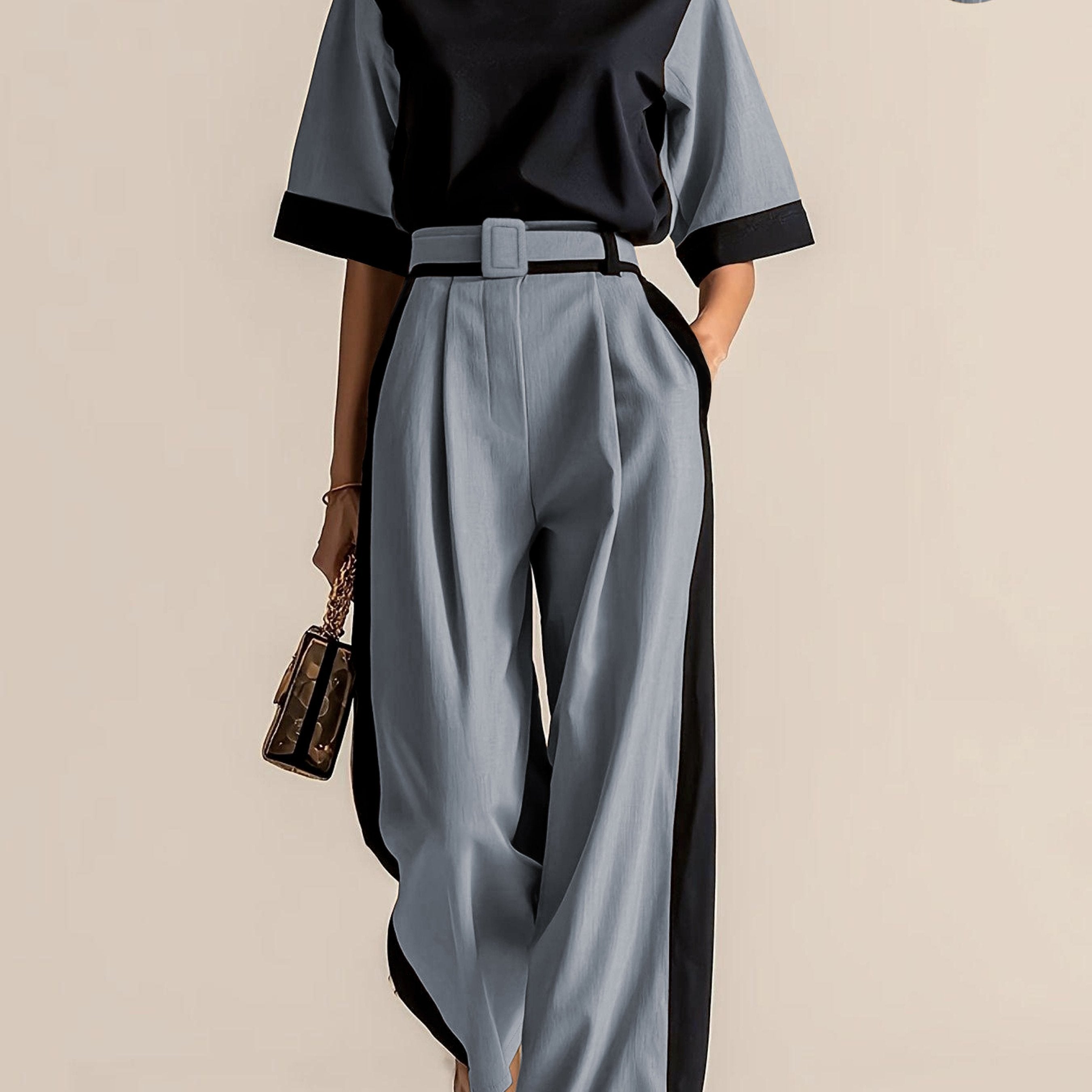 Conjunto 3 Piezas Negro Camel Color Block Top Oversize Pantalón Palazzo con Cinturón Elegante Mujer