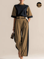 Conjunto 3 Piezas Negro Camel Color Block Top Oversize Pantalón Palazzo con Cinturón Elegante Mujer