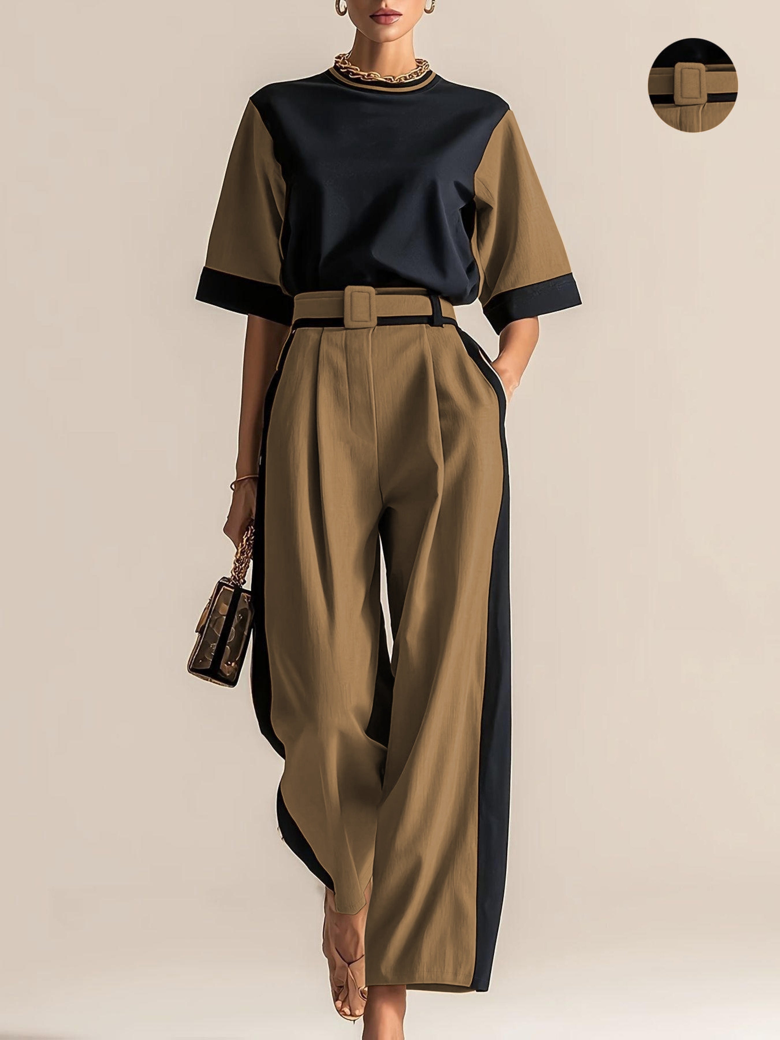 Conjunto 3 Piezas Negro Camel Color Block Top Oversize Pantalón Palazzo con Cinturón Elegante Mujer