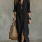 Vestido Camisero Maxi Negro Lino Manga Larga Cuello Camisa Abertura Lateral Boho Casual Mujer