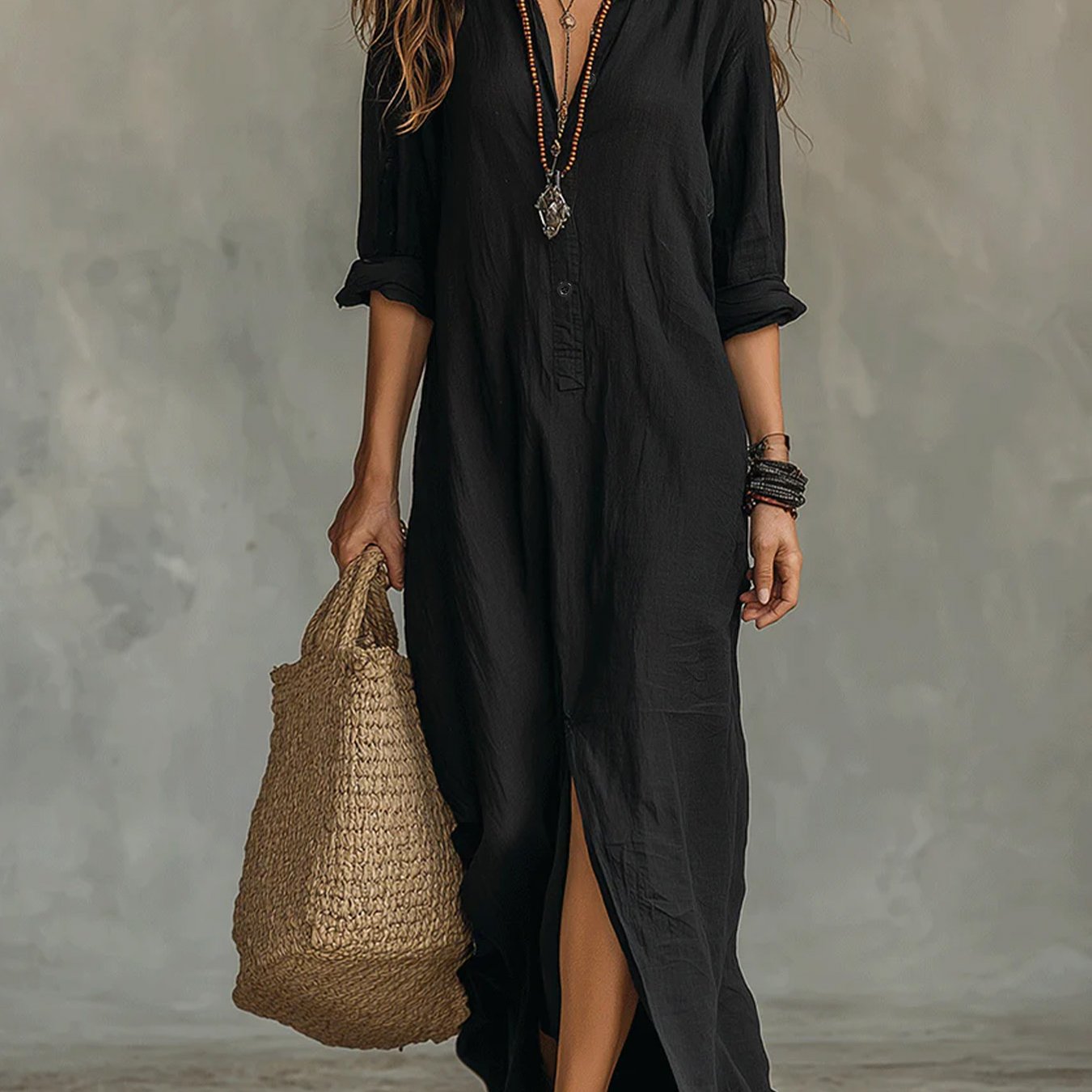 Vestido Camisero Maxi Negro Lino Manga Larga Cuello Camisa Abertura Lateral Boho Casual Mujer