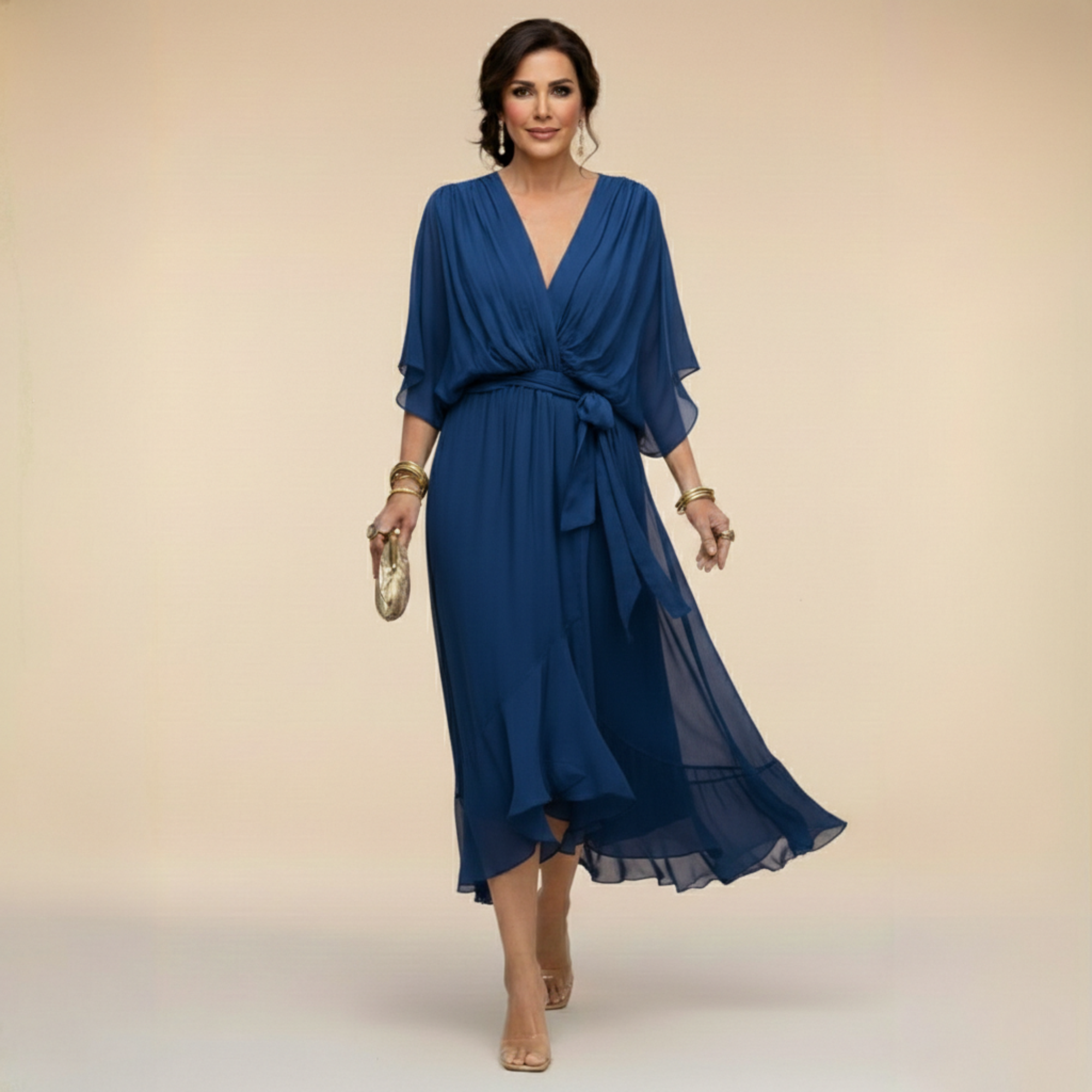Vestido Midi Femenino Elegante con Escote en V y Cinturón para Fiesta