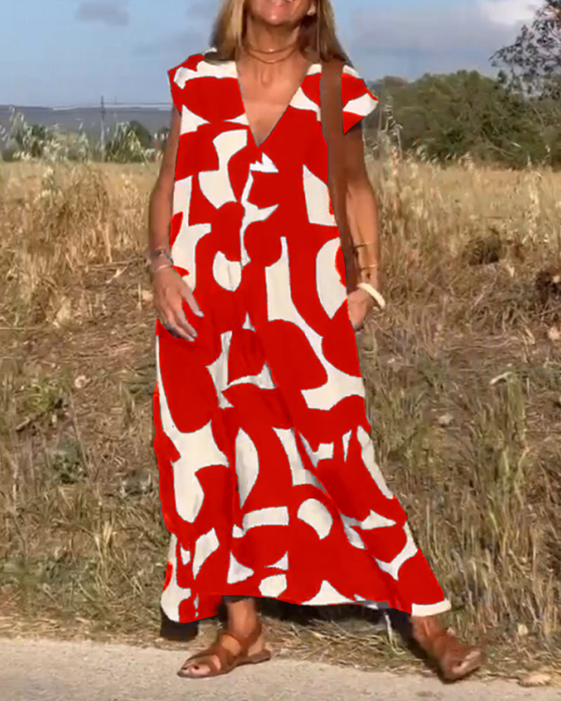 Vestido Largo Holgado con Escote V Casual Elegante Estampado Geométrico Fluido