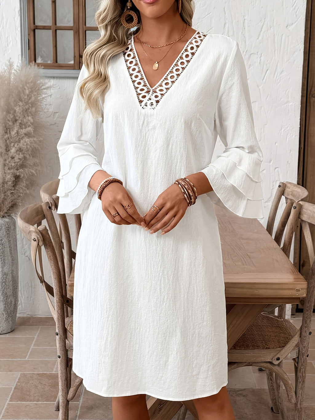 Vestido corto casual de mujer de color liso con mangas acampanadas, vestido de verano, vestido de playa, atuendo de vacaciones, vestido blanco de mujer, vestido, vestido blanco de estilo bohemio, vestido casual blanco, vestido 100 % puro de mujer, vestido