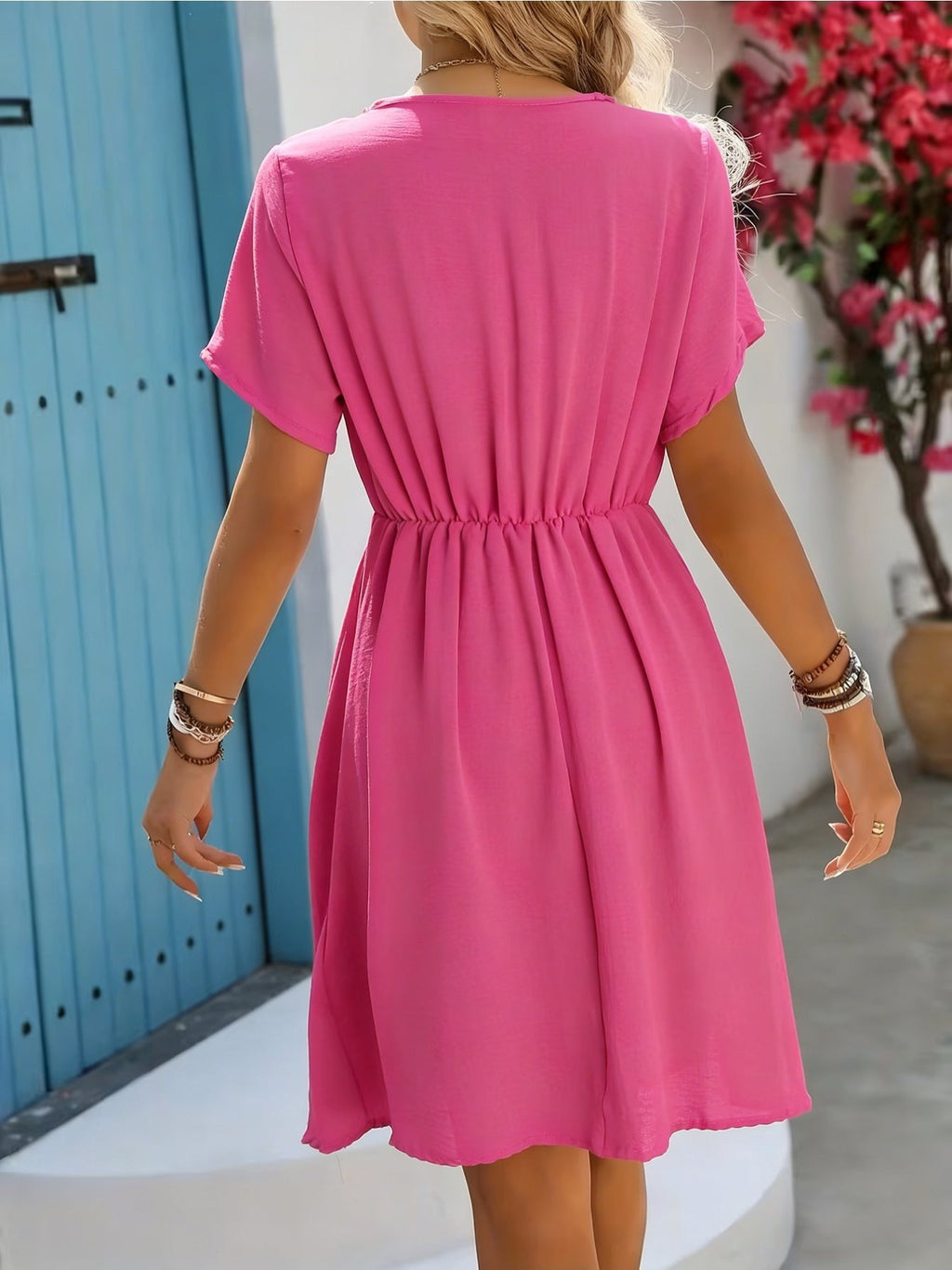 Mujer Vestido Corto Elegante De Manga Corta Con Escote en V y Detalles De Encaje De Ganchillo,Ideal Para el Verano.