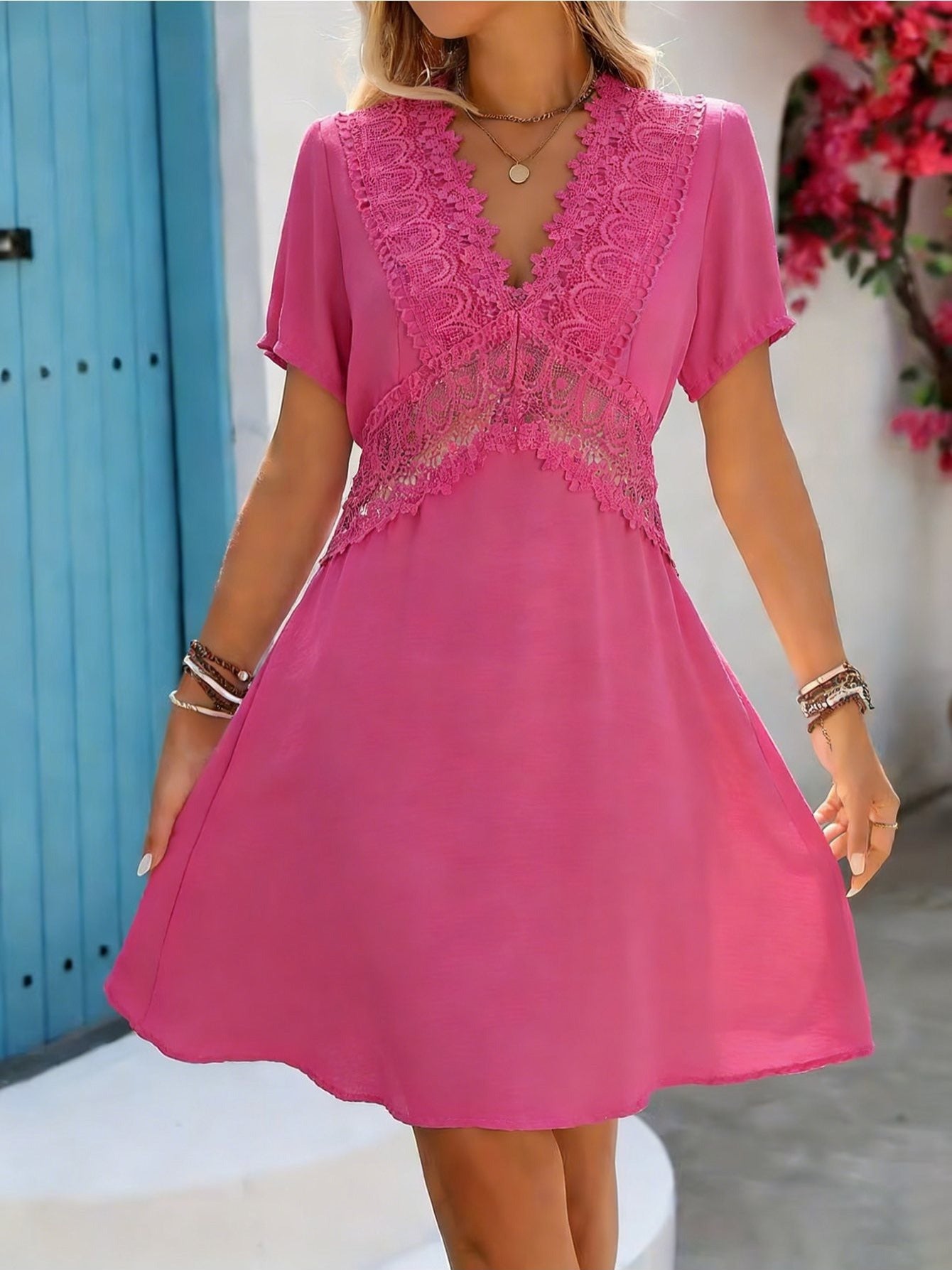 Mujer Vestido Corto Elegante De Manga Corta Con Escote en V y Detalles De Encaje De Ganchillo,Ideal Para el Verano.