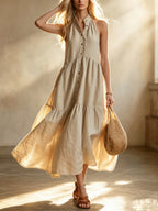 Vestido Maxi Beige Lino Sin Manga Halter Botones Falda Escalonada Boho Casual Playa Mujer