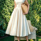 Vestido Midi Elegante Beige Marfil Corte Amplio para Fiesta, Boda y Eventos Formales