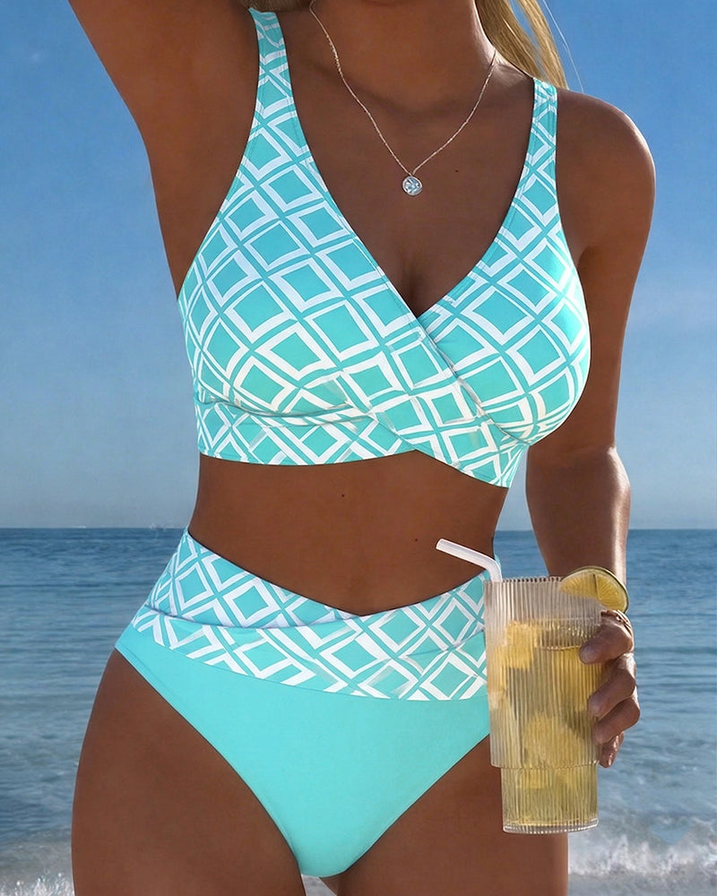 Bikini de Tiro Alto con Estampado Geométrico Estilo Playa para Mujer con Top Cruzado y Soporte Cómodo