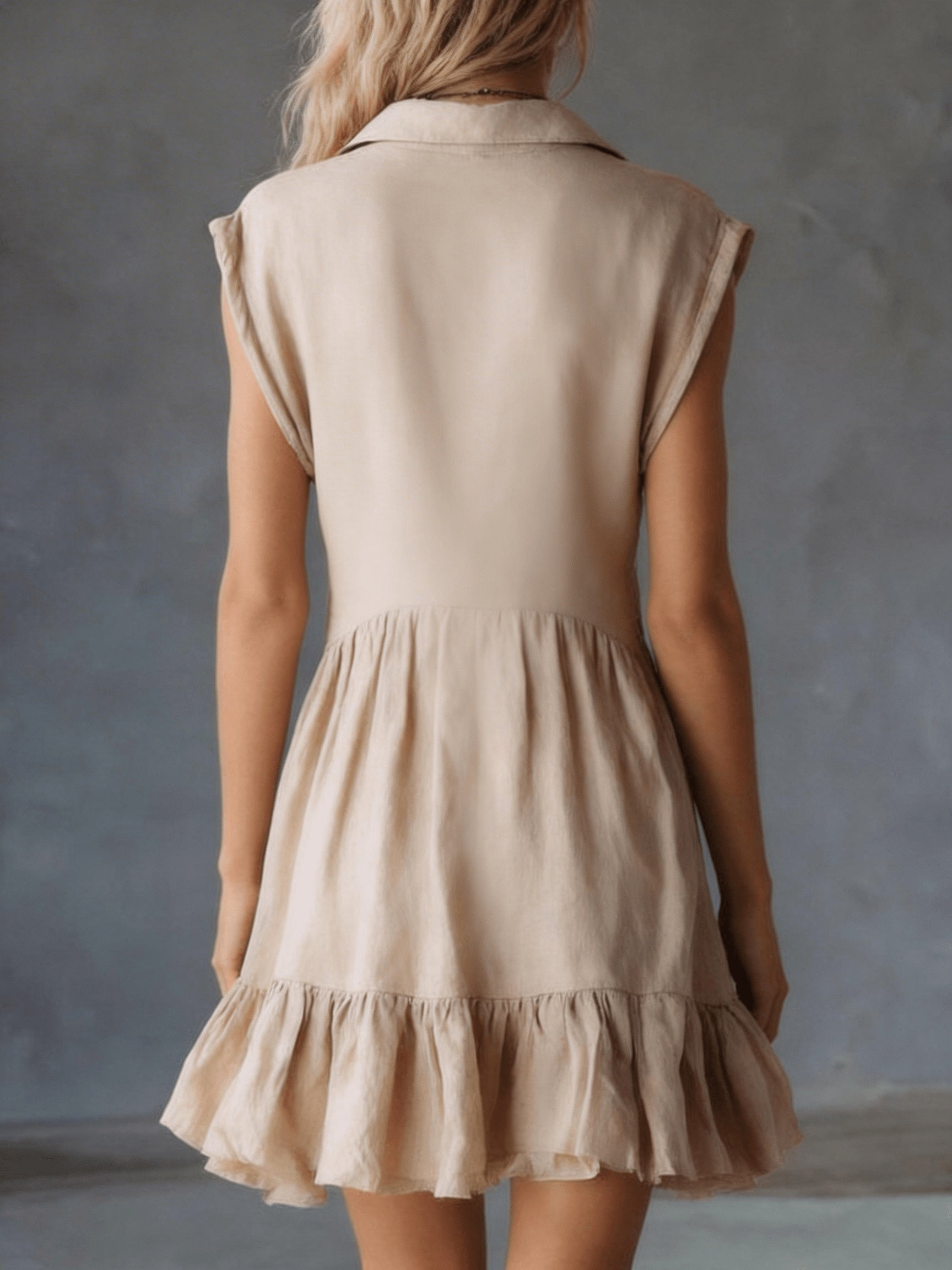 Vestido mini elegante y cómodo para mujer, color albaricoque, hombros anchos, sin mangas, moda especial
