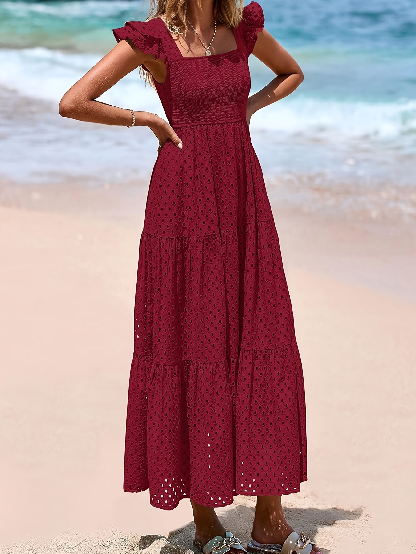 Elegante Vestido Midi de Verano para Mujer con Cuello Cuadrado, Manga Abullonada, Detalles de Encaje y Falda en A con Capas y Bolsillos - Color Sólido, Diseño Fluido Adecuado para Ocasiones Casuales o Formales, Vestido Largo Fluido sin Mangas