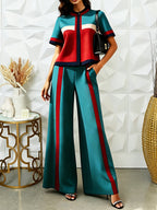 Conjunto 2 Piezas Color Block Verde Teal y Rojo Top Cropped Pantalón Recto Franja Sport Chic Mujer