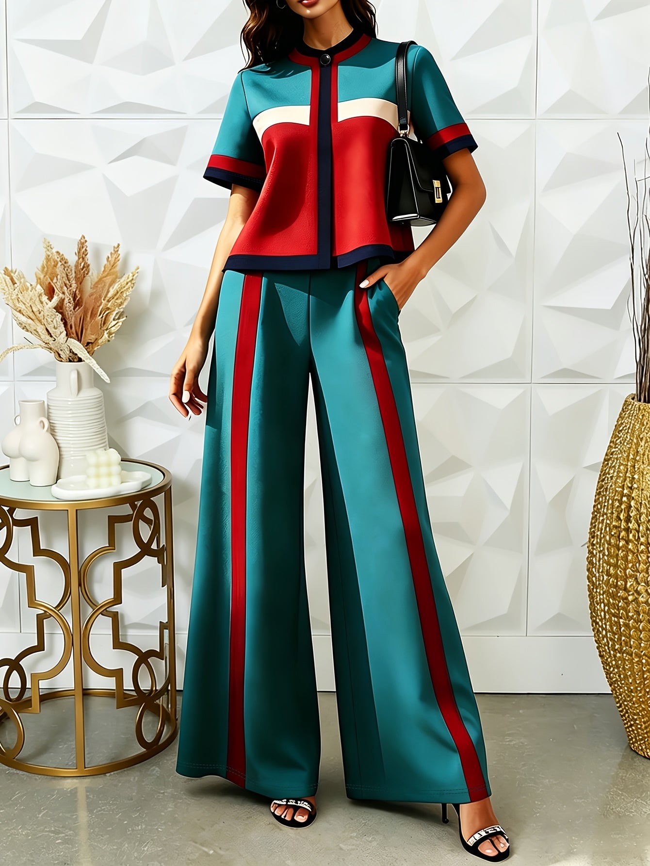Conjunto 2 Piezas Color Block Verde Teal y Rojo Top Cropped Pantalón Recto Franja Sport Chic Mujer