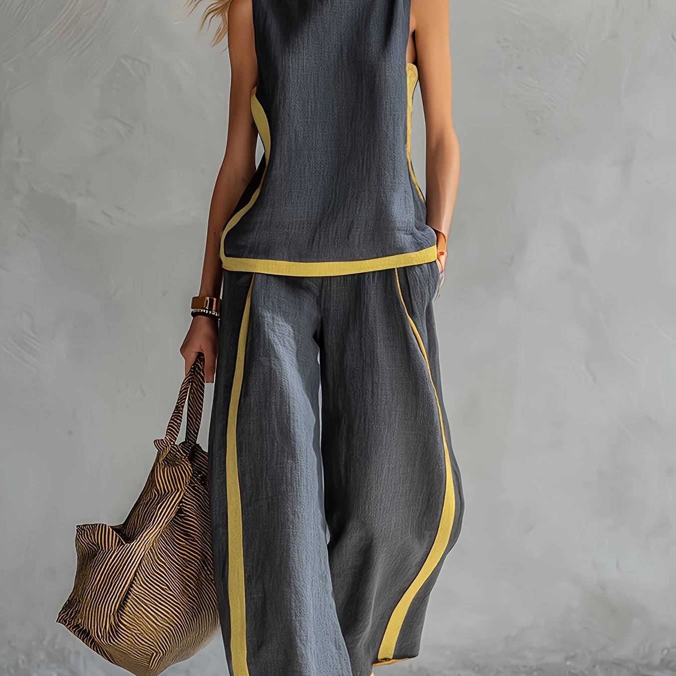Conjunto Mujer con Pantalón Palazzo Contraste Amarillo Casual Elegante Verano