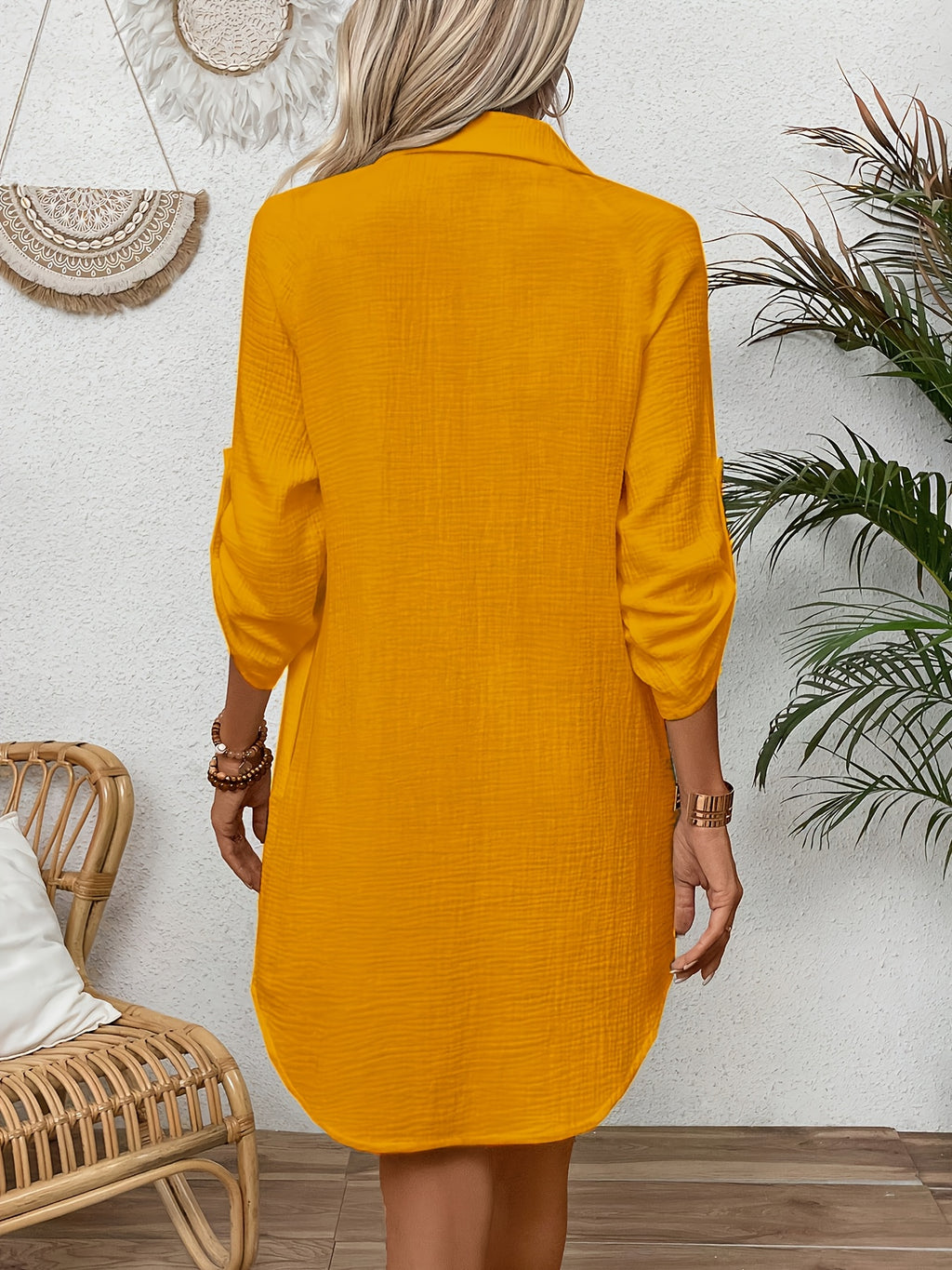 Vestido casual de mujer 100% con cuello y botones, camisa de primavera verano para trabajo diario, fácil, color liso, manga 3/4, vestido corto