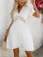 Mujer Vestido Corto Elegante De Manga Corta Con Escote en V y Detalles De Encaje De Ganchillo,Ideal Para el Verano.