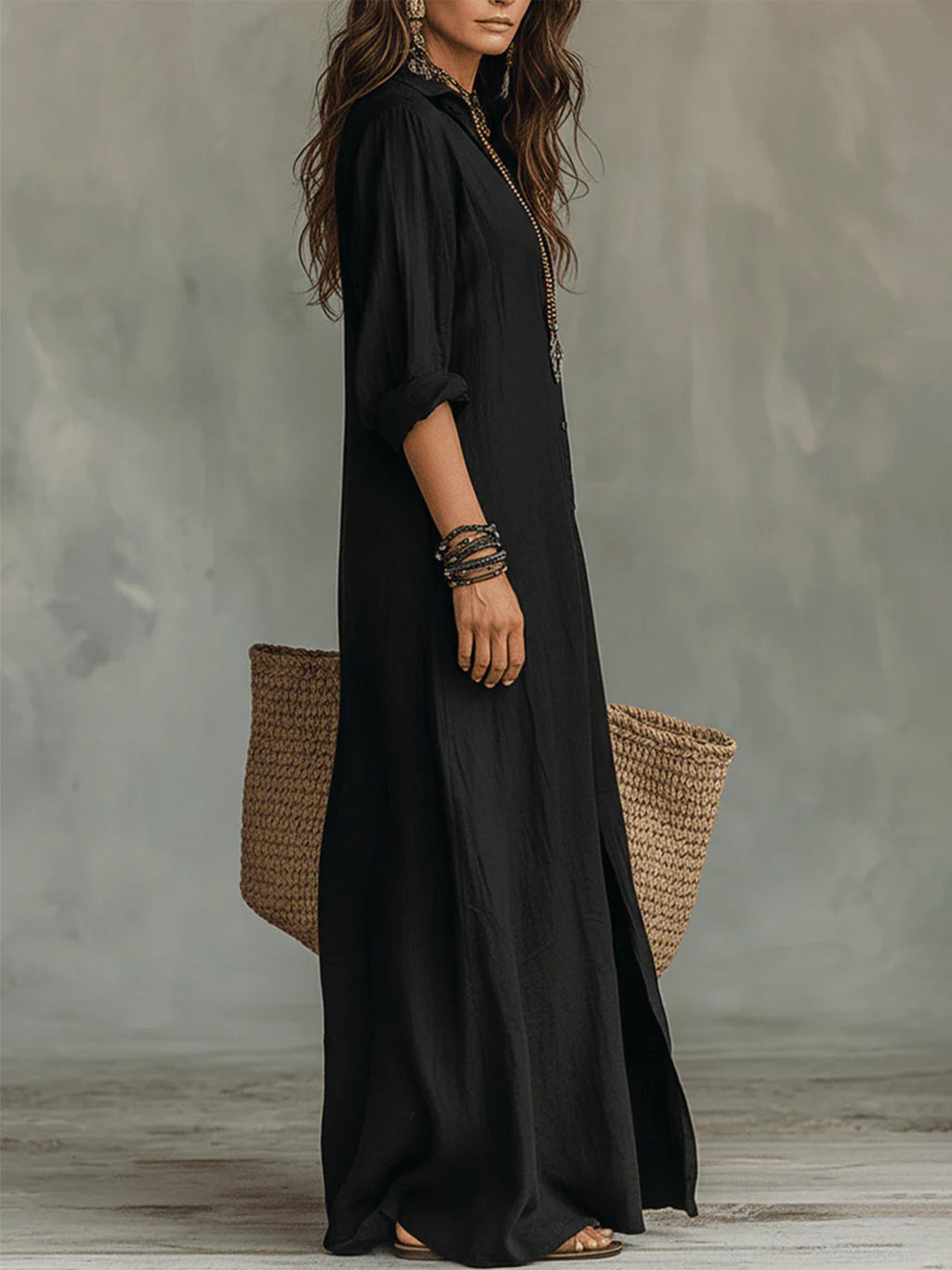 Vestido Camisero Maxi Negro Lino Manga Larga Cuello Camisa Abertura Lateral Boho Casual Mujer