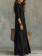 Vestido Camisero Maxi Negro Lino Manga Larga Cuello Camisa Abertura Lateral Boho Casual Mujer