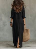 Vestido Camisero Maxi Negro Lino Manga Larga Cuello Camisa Abertura Lateral Boho Casual Mujer