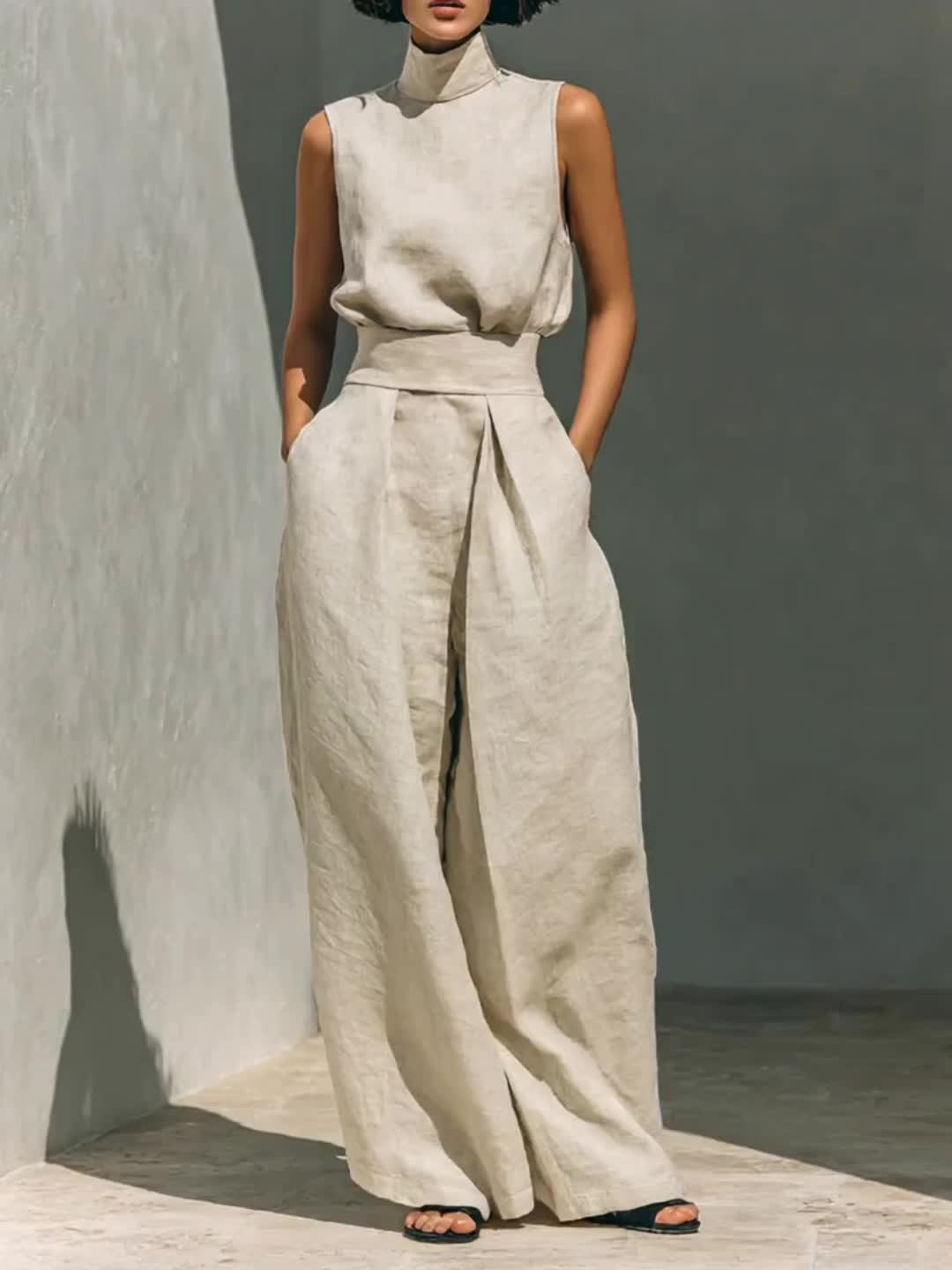 Conjunto Mujer de Lino Beige con Pantalón Palazzo y Blusa Sin Mangas Casual Elegante Verano