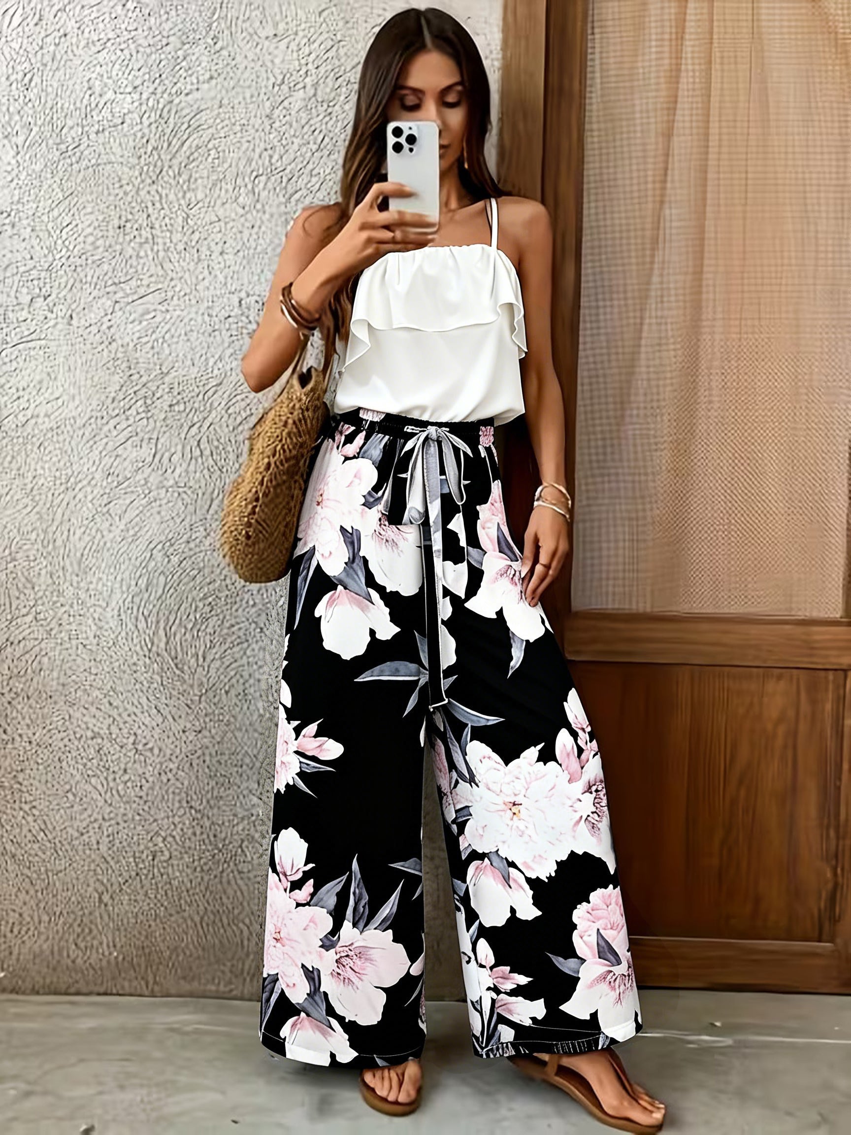 Conjunto Mujer Blusa Blanca con Volantes y Pantalón Palazzo Floral Negro Casual Elegante Verano