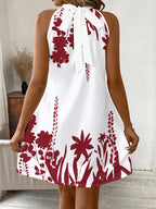 Vestido de Verano para Mujer con Cuello Halter - Estampado Floral en Blanco y , Mini A-Line, Manga Corta, Detalle Nudo, Lavable a Máquina, Elegante Vestido Casual, Sin Elástico