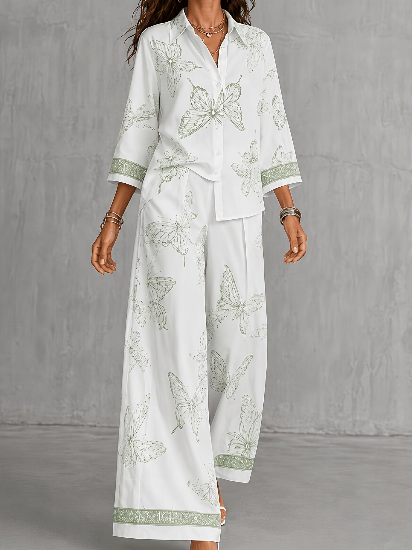 Conjunto Mujer Camisa Estampada y Pantalón Palazzo con Mariposas Casual Elegante para Vacaciones y Verano