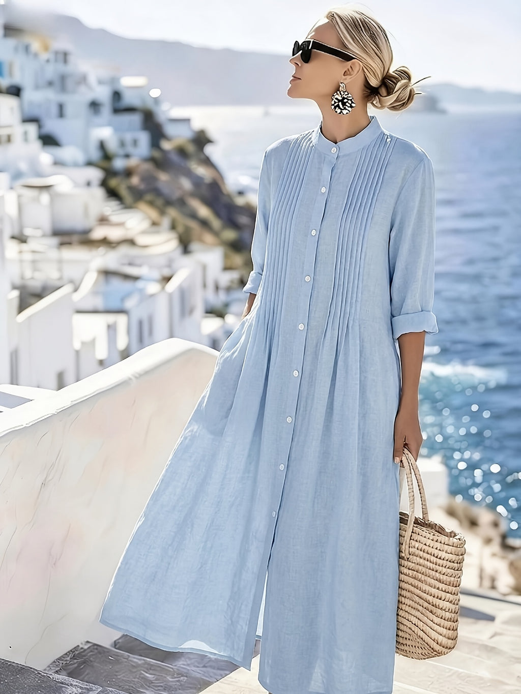 Vestido Maxi Azul Cielo Lino Cuello Mao Botones Frontales Plisado Casual Playa Vacaciones Mujer