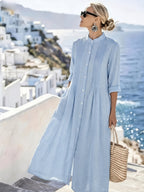 Vestido Maxi Azul Cielo Lino Cuello Mao Botones Frontales Plisado Casual Playa Vacaciones Mujer