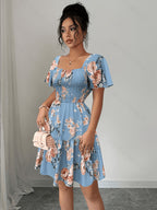 Vestido Corto de Vacaciones de Verano con Estampado Floral y Cintura Ajustada
