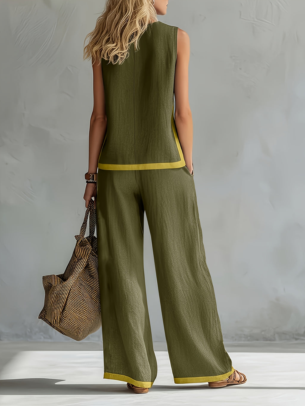 Conjunto Mujer con Pantalón Palazzo de Lino Ligero y Detalles Mostaza Casual Verano