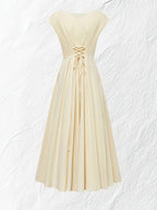 Vestido Midi Elegante Beige Marfil Corte Amplio para Fiesta, Boda y Eventos Formales