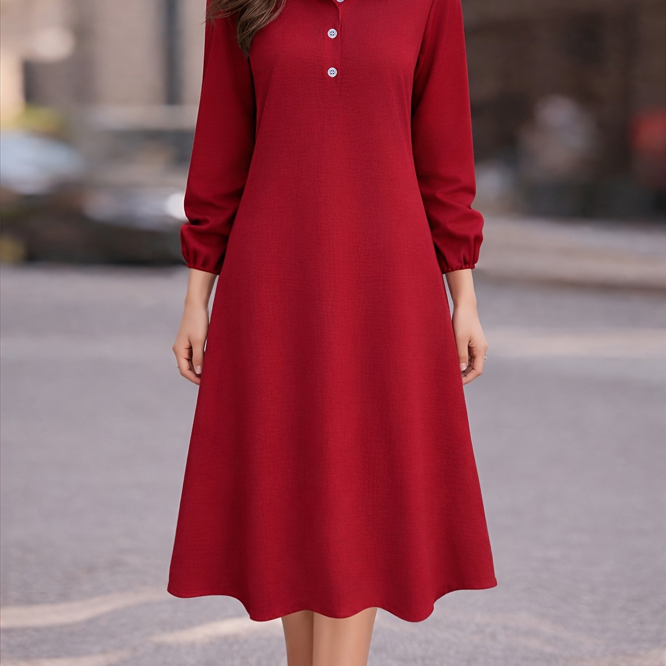 Vestido Midi Camisero Manga Larga Elegante para Oficina y Uso Casual